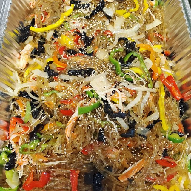 Japchae catering tray from Son of Egg