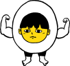 Jegg, the Son of Egg mascot, flexing