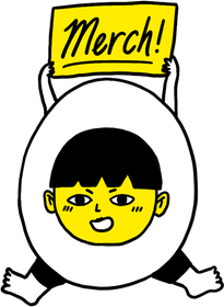 Jegg holding a Merch sign