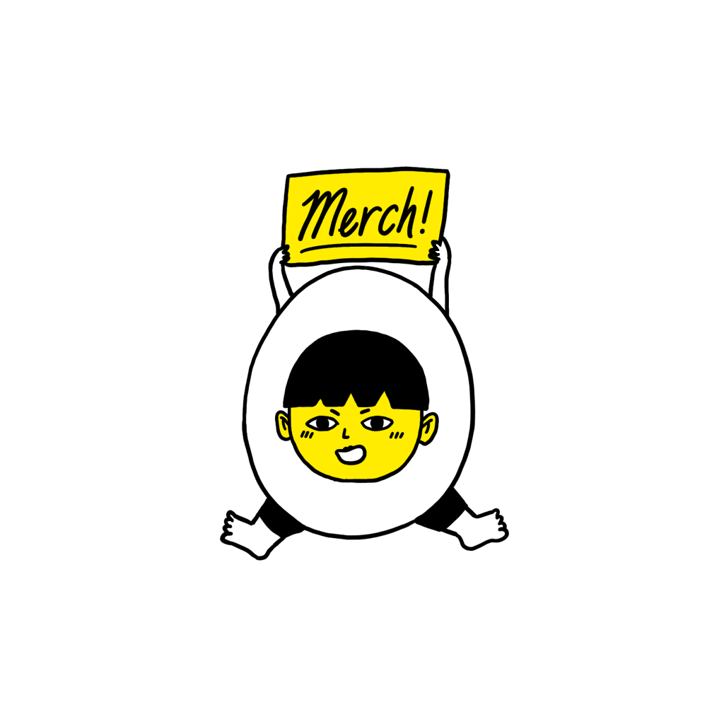 Jegg, the Son of Egg mascot, holding a sign